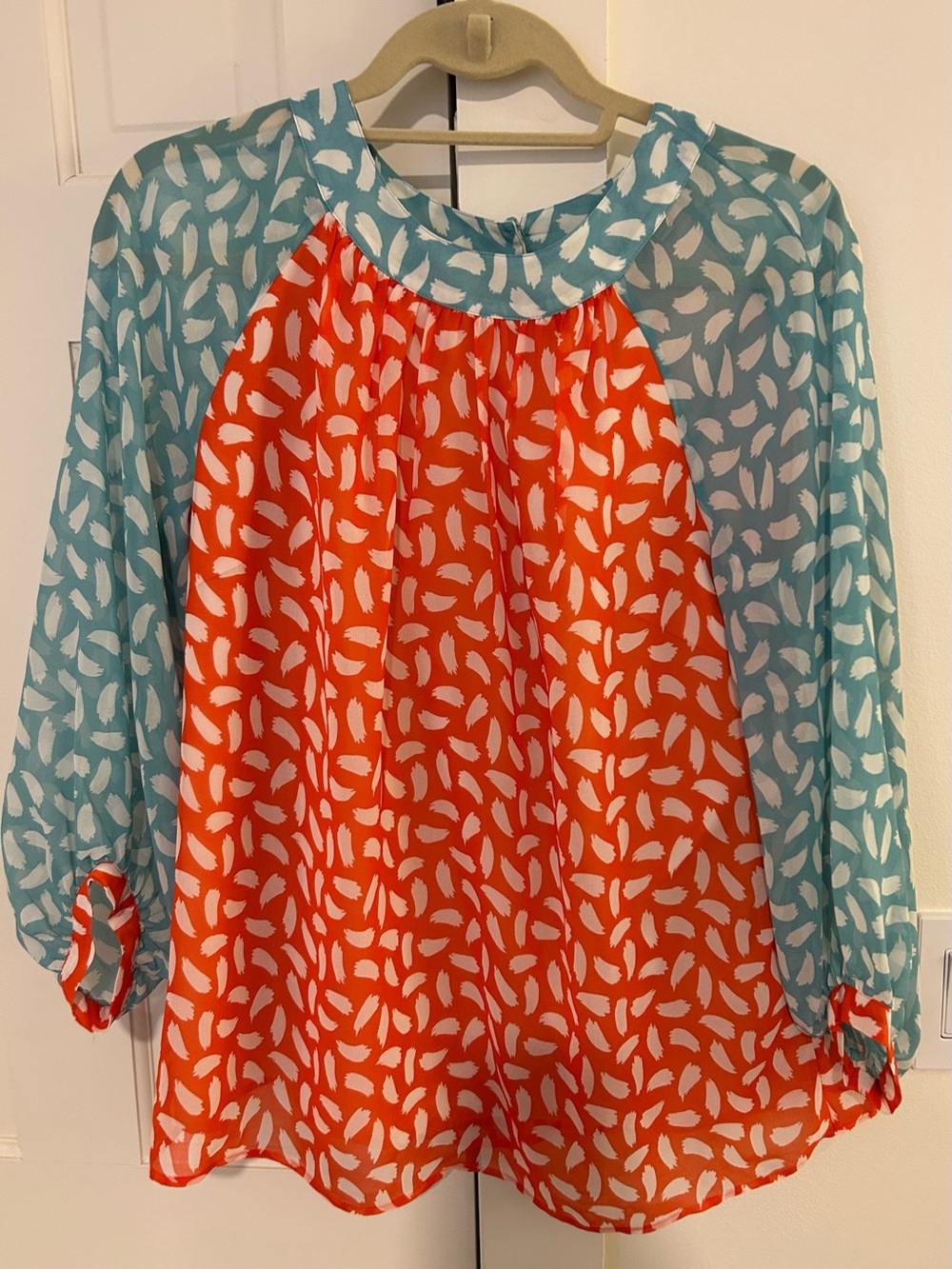 Boden Colorblock Feather Print Blouse - Coral & Teal. Size 8.
